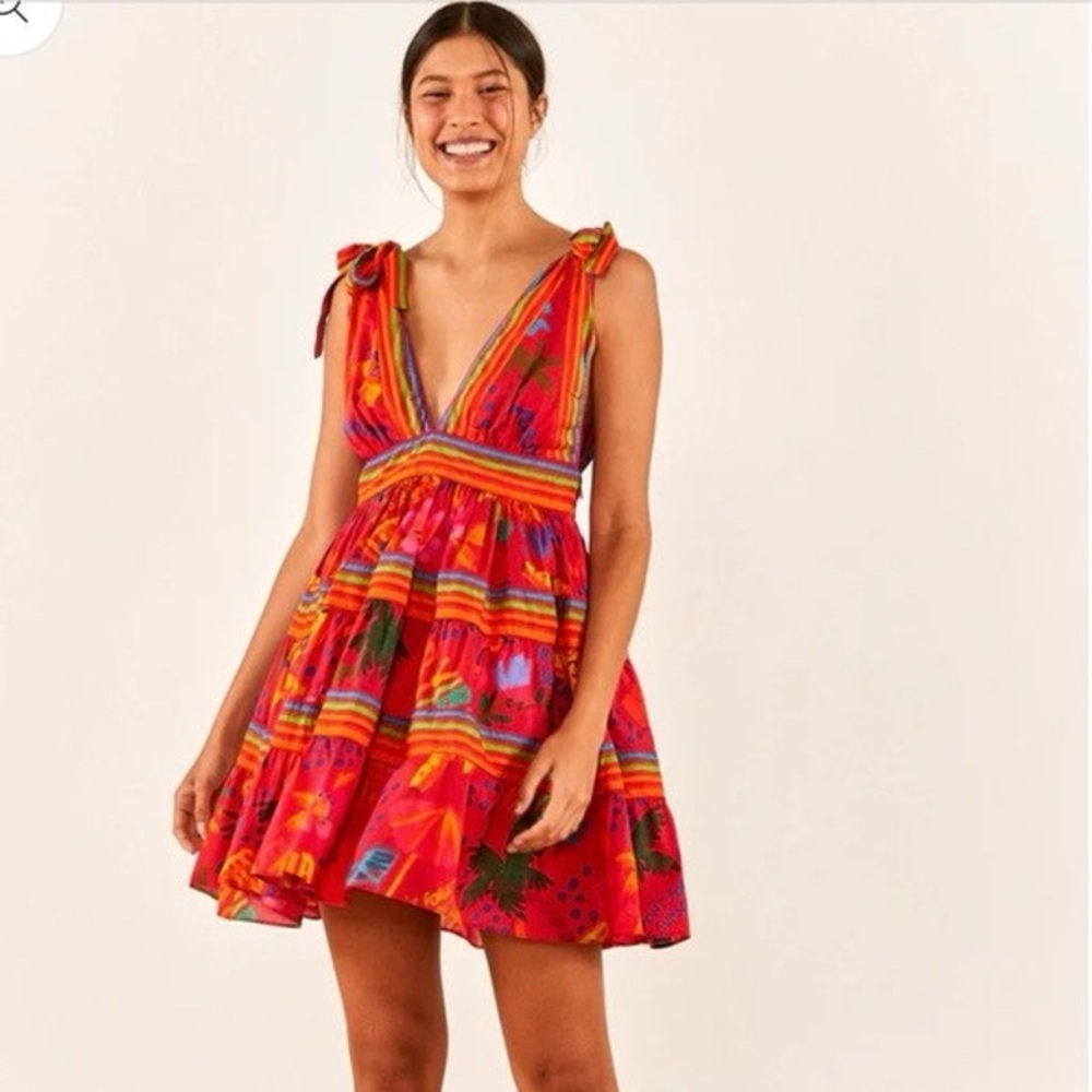FARM Rio Red Vibes V-Neck Mini Dress